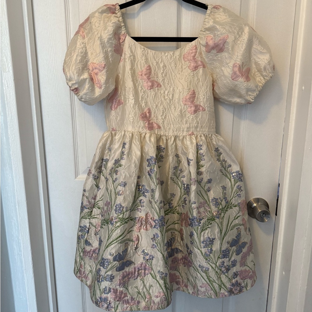 Rare Editions Cream and Pink Floral Puff Sleeve Dress